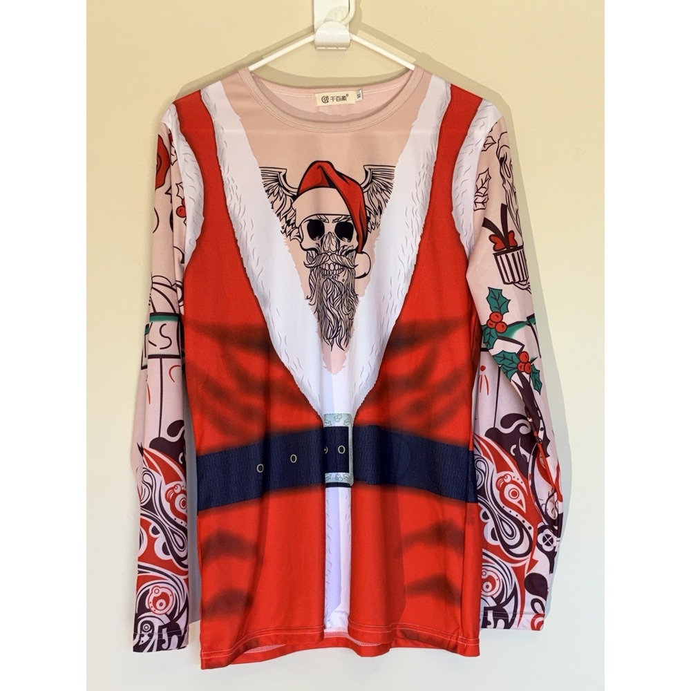 Mens Santa Skull Tattoo Graphic Long Sleeve Shirt Red Christmas XL Holiday Tee